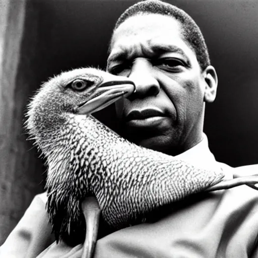 Image similar to john coltrane snuggling an ostrich