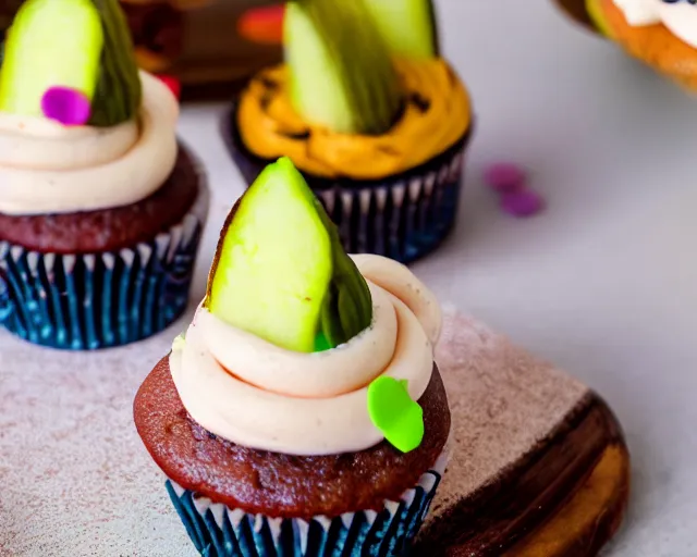 Image similar to dslr food photograph of a cupcake with a slice of pickle on top, 8 5 mm f 1. 4