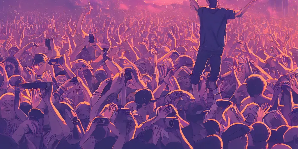 Image similar to rapper on stage over huge crowd reaching up to him, digital art, vapor wave, hip hop, trending on Artstation, professional artist, detailed, 4k