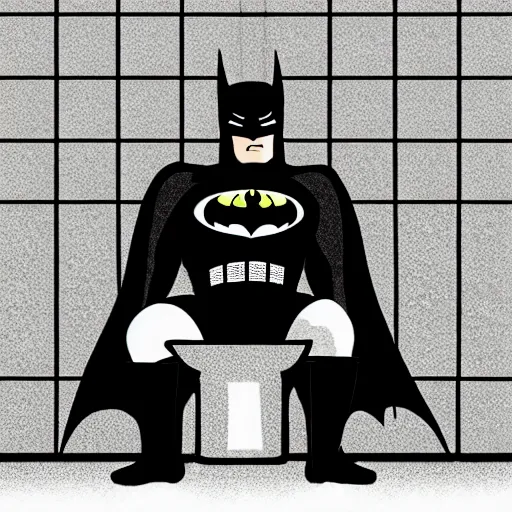 Image similar to dramatic angle drawing of constipated batman sitting on a toilet with pants down, sweating, tiny room with dirty wall tiles, by hayao miyazaki, super detailed, 4 k