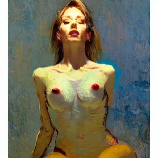 Prompt: beautiful woman, realistic proportions, full body, ecstatic, warm lighting, rule of thirds, spotlight, by greg rutkowski, by jeremy mann, by francoise nielly, by van gogh, claymation scene