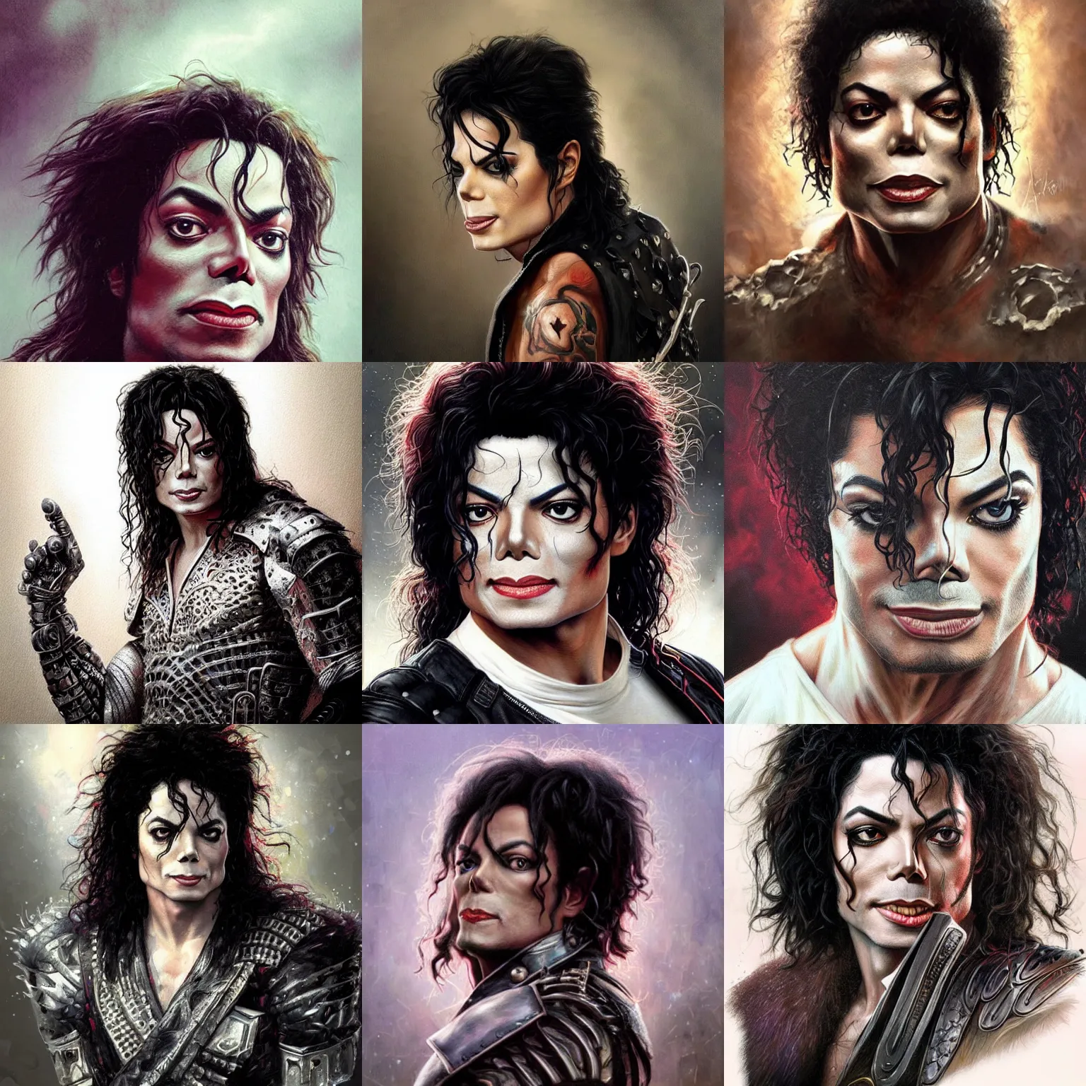 Prompt: michael jackson! deathmetal! very close portrait of angry rugged barbarian, muscular, upper body, 👅 👅 , D&D, fantasy, intricate, elegant, highly detailed, digital painting, artstation, concept art, smooth, sharp focus, illustration, art by artgerm and greg rutkowski and alphonse mucha