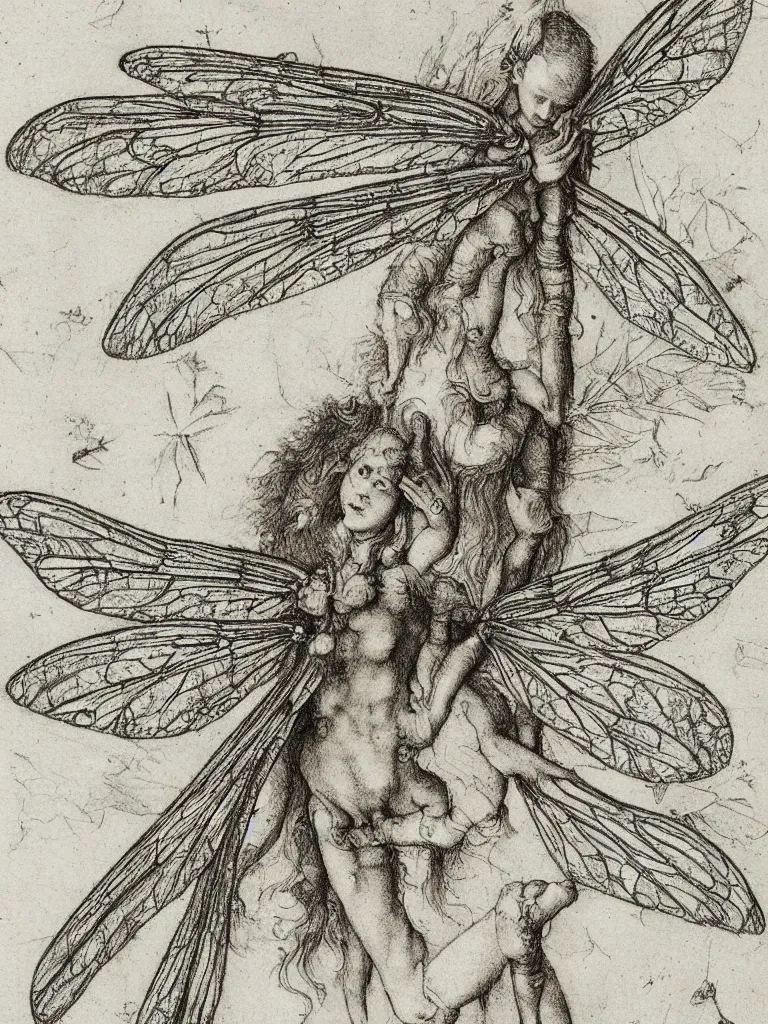 Image similar to annotated detailed sketch drawing of a fairy with dragonfly wings by albrecht durer