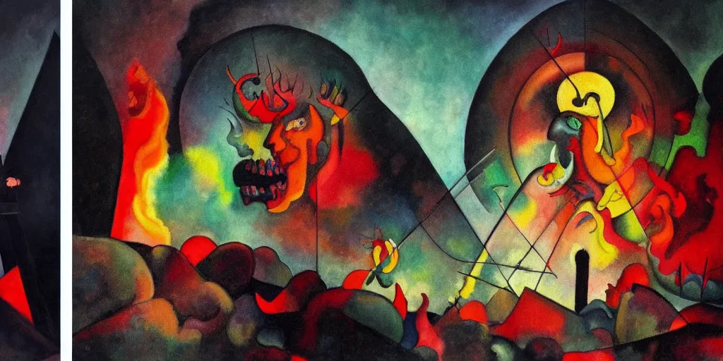 Image similar to trapped on a hedonic treadmill, dark uncanny surreal painting by ronny khalil, and kandinsky, dramatic lighting from fire glow, mouth of hell, ixions wheel