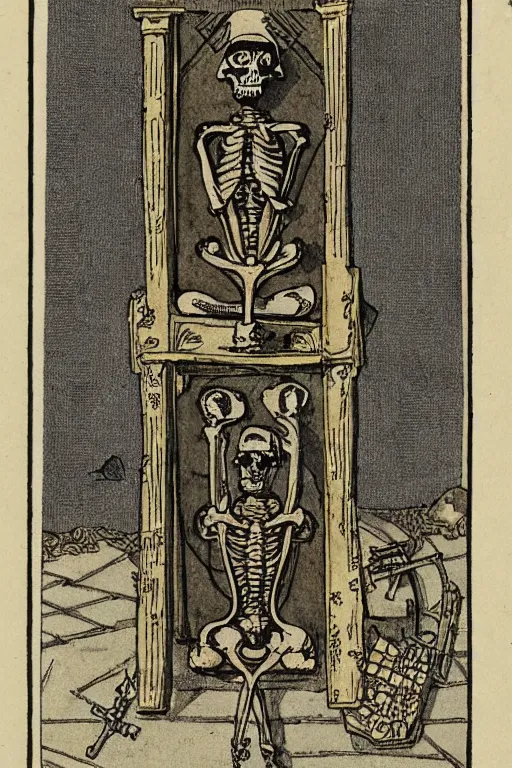 Image similar to tarot card of a king’s skeleton sitting on a decaying ancient throne, ornate frame, detailed