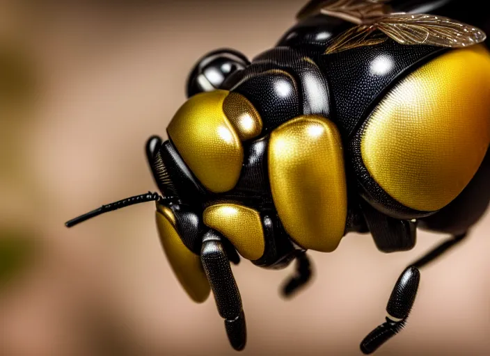 Prompt: super macro of a mechanical robotic cyborg bee drinking from a flower in the forest. fantasy magic style. highly detailed 8 k. intricate. nikon d 8 5 0 3 0 0 mm. award winning photography.