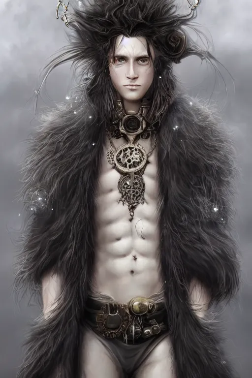 Prompt: beautiful full body portrait of a human - fluff hybrid male wizard, scaley!! white feathery skin, wearing ornaments and rings, by wlop and artgerm, steampunk fiction, detailed deep black eyes, silver background, trending, on artstation.