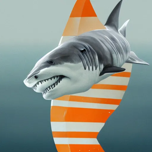 Prompt: great white shark, side view, with a silver and orange striped traffic cone construction cone on its dorsal fin, ocean background detailed atmospheric - ron cheng & alphonse mucha, highly detailed, digital painting, ray tracing, concept art, illustration, smooth sharp focus, intricate, symmetry, artstation,