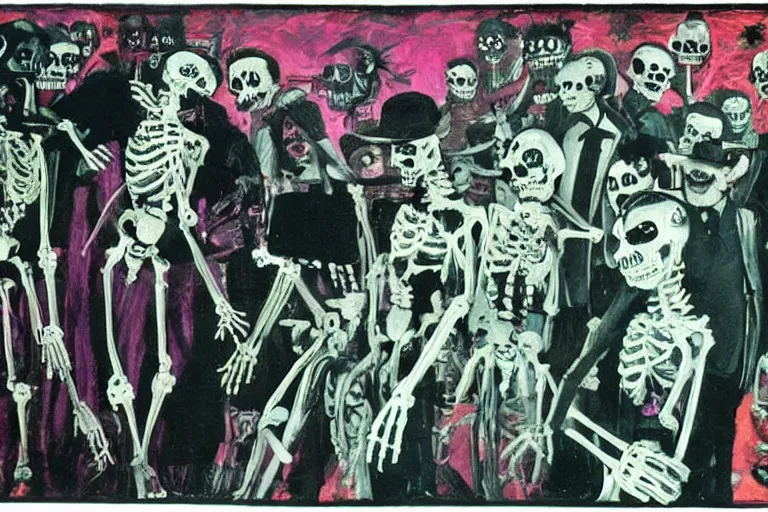 Image similar to scene from scarface, day of the dead, cyber skeleton, neon painting by otto dix