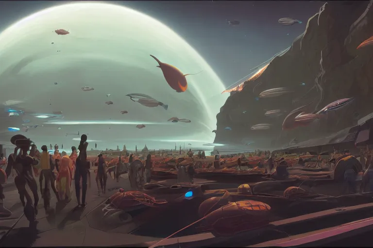 Image similar to visiting crowded exoplanet fish market, ringed planet in the sky, dramatic lighting, artstation, matte painting, ralph mcquarrie, gurney