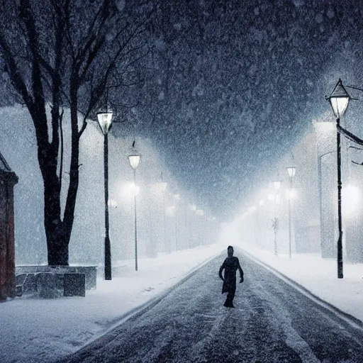 Prompt: street, snowstorm, silhouette in the distance, monster, creepy, horror, hyper realistic,