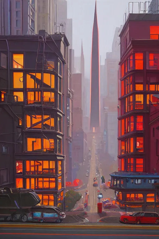 Prompt: Market Street, San Francisco; oil on canvas by Klaus Bürgle and Simon Stålenhag;