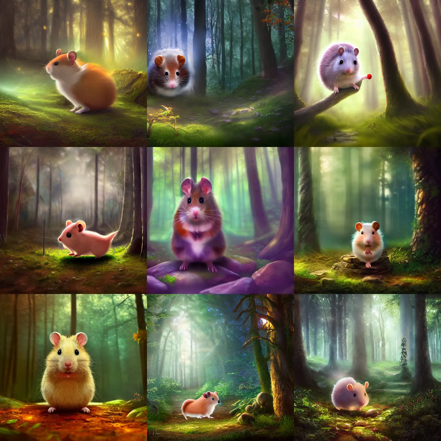 Prompt: magical hamster in a forest, realistic cinematic, volumetric lighting, centered, symmetrical, sharp focus, digital painting, mystical art, smooth, trending on Artstation, 4k