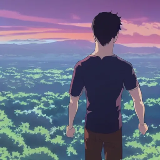 Image similar to Jon Kent superboy standing triumphantly. Anime still. Makoto shinkai. Kuvshinov ilya.