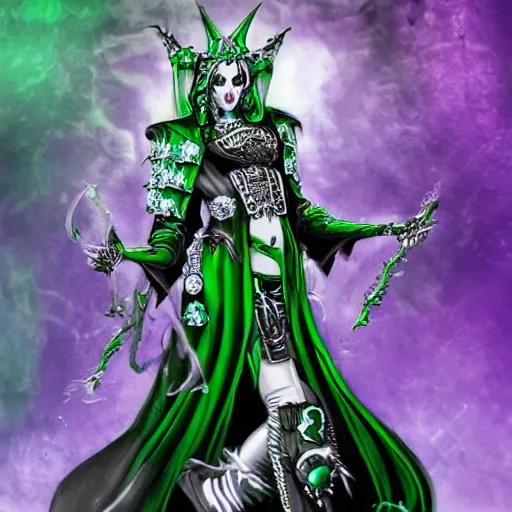 Image similar to a high priestess necromancer in the style of chaos in warhammer 4 0 k, flowing robe, jewel encrusted chestplate, green black grey and white palette, lolth, dnd, character art