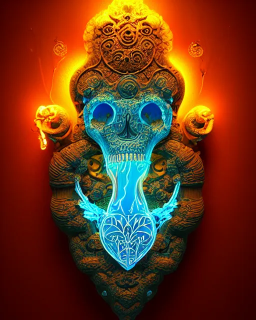 Image similar to 3 d ornate carved water heart, sigma 5 0 0 mm f / 5. global illumination beautiful intricate highly detailed quetzalcoatl skull. bioluminescent, plasma, lava, ice, water, wind, creature, thunderstorm! artwork by tooth wu and wlop and beeple and greg rutkowski, 8 k trending on artstation