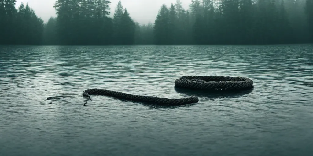 Prompt: symmetrical photograph of an infinitely long rope submerged on the surface of the water, the rope is snaking from the foreground towards the center of the lake, a dark lake on a cloudy day, trees in the background, moody scene, kodak colorful film stock, anamorphic lens