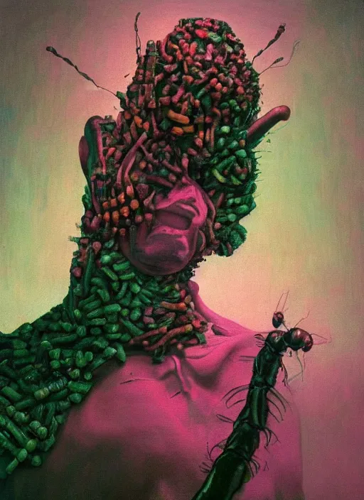 Prompt: a human made of beetles and centipedes, depth of field, hauntingly surreal, highly detailed oil painting, by francis bacon, edward hopper, adrian ghenie, glenn brown, soft light 4 k in pink, green and blue colour palette, cinematic composition, cinematic lighting, high quality octane render, masterpiece