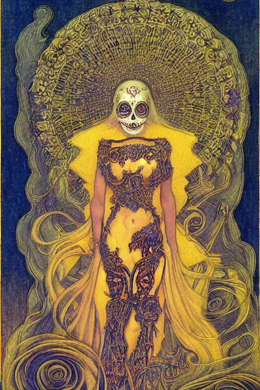 Prompt: Illustration of a sugar skull day of the dead girl, art by jean delville