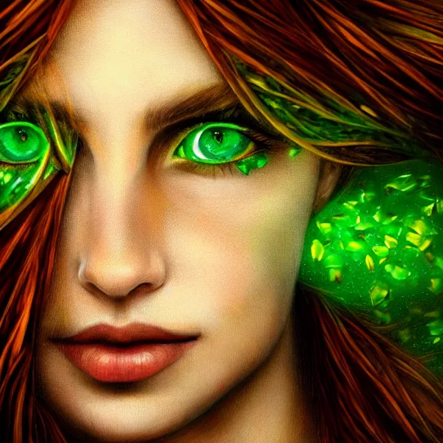 Prompt: a stunning detailed portrai of a yound woman with green eyes, shards of the afternoon falling down like broken stained glass or autumn leaves