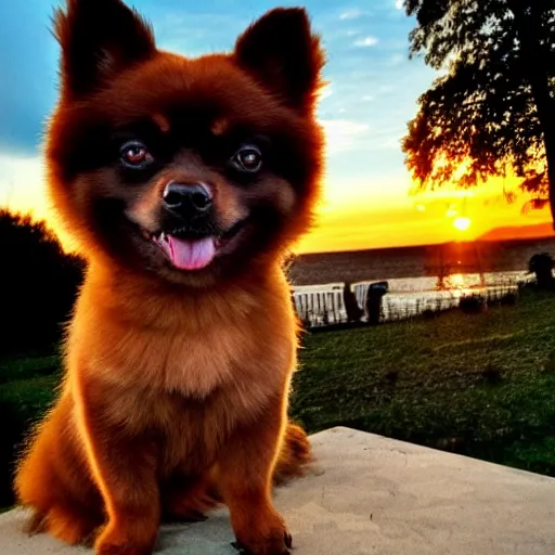 Prompt: dark brown pomeranian dog with his friend stitch hanging out on the sunset