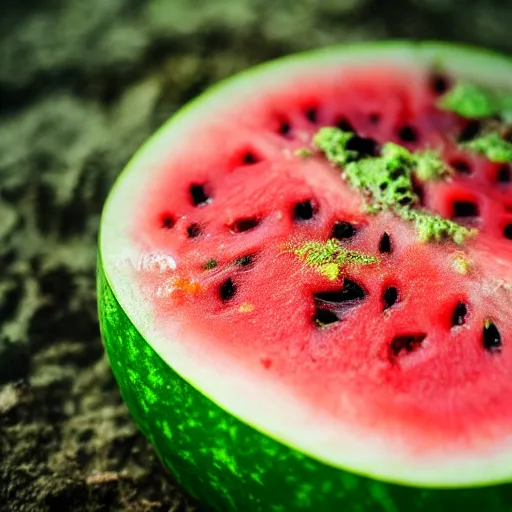 Prompt: close - up shot of a watermelon drenched in green slime, macro lens, depth of field