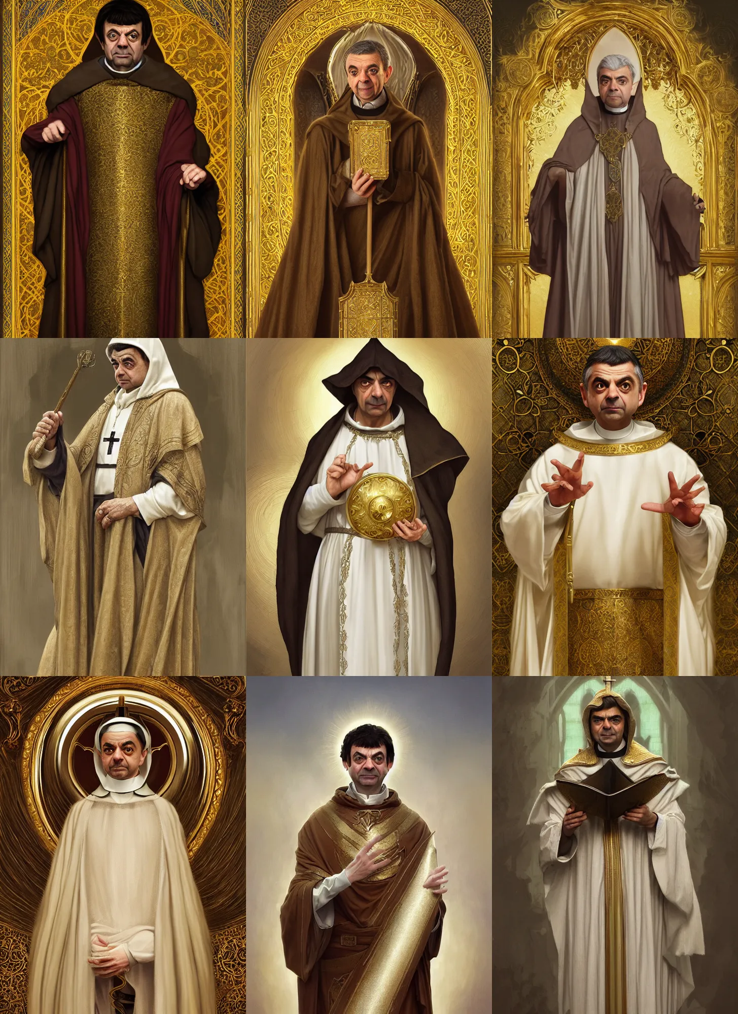 Prompt: rowan atkinson as medieval bishop, gold an white cloth, shiny background, intricate, elegant, highly detailed, digital painting, artstation, concept art, smooth, sharp focus, illustration, artgerm, mucha, bouguereau