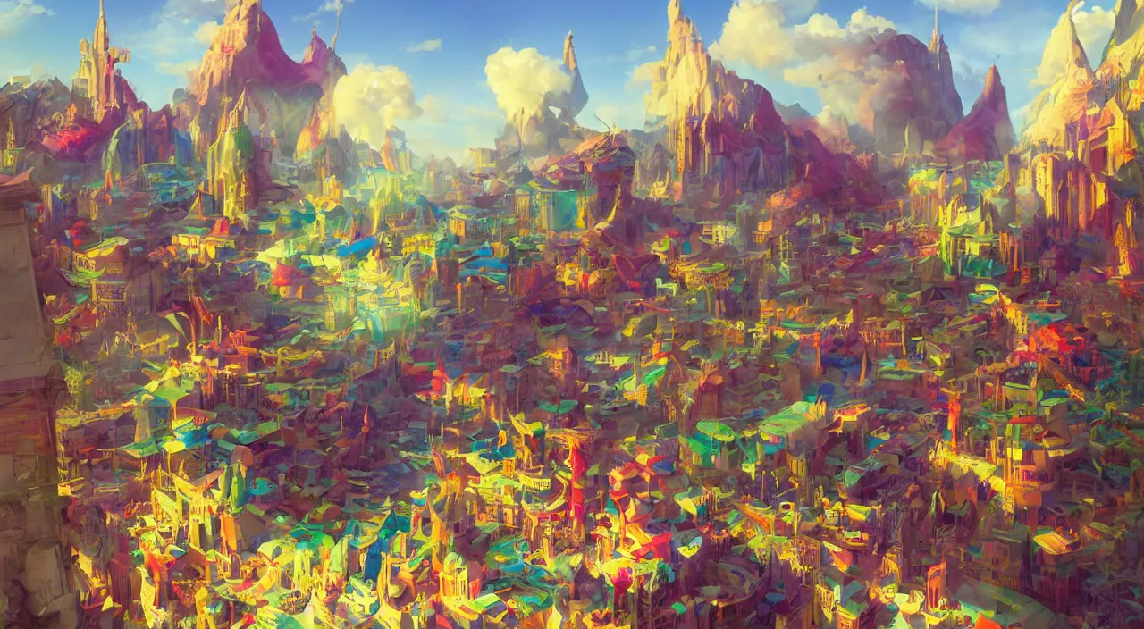 Image similar to bazaar zouk oriantal multicolorful sky shine place mosquet painting, sunny day, matte painting, bold shapes, hard edges, street art, trending on artstation, by huang guangjian and gil elvgren and sachin teng