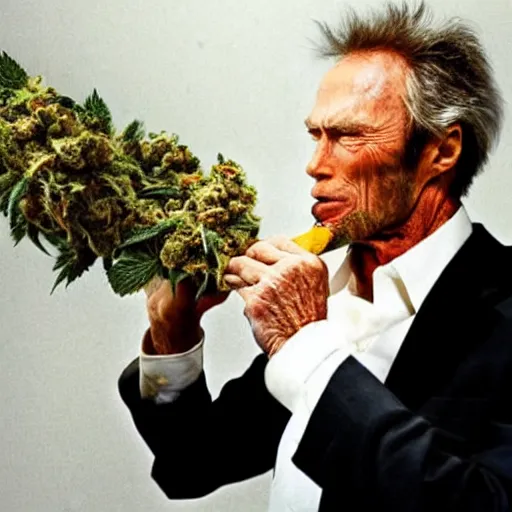 Image similar to Clint Eastwood sniffing a cannabis leaf