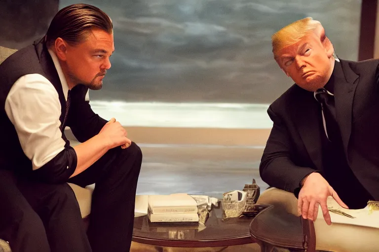 Image similar to leonardo dicaprio planting an idea in donald trump's head inception style, cinematic lighting