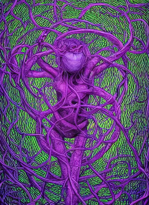 Image similar to a beautiful person trapped in the fetal position inside of extremely thick vines intertwined, central circular composition, high saturation, epic lighting, in the style of Peter gric and Hannah yata 8k