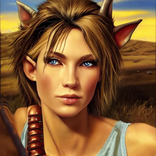 Prompt: close up headshot of a skinny female high-fantasy elf with a long face narrow chin and short spiky blonde hair wearing dark brown overalls and holding a bomb next to a destroyed car, gel spiked blond hair,narrow lips, high resolution film still, HDR color, painting by Gerald Brom