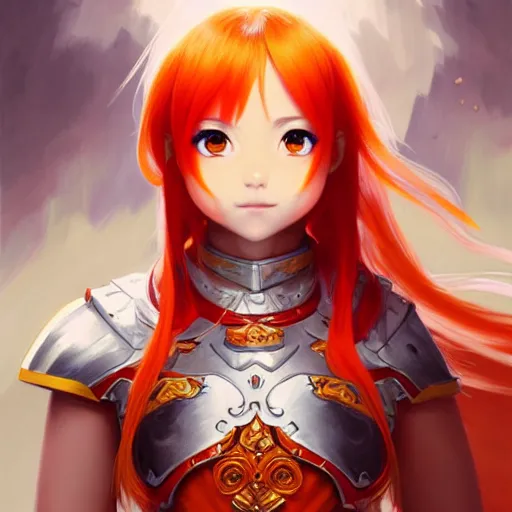 Prompt: Asuna Yuuki, Portrait of a girl with orange hair wearing a partial paladin armor with a red skirt and white top, face, fantasy, intricate, elegant, highly detailed, digital painting, artstation, concept art, smooth, sharp focus, illustration, art by Fernanda Suarez and Artem Demura and alphonse mucha