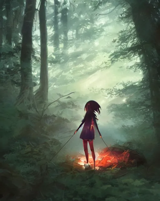 Image similar to A girl camping in the woods, Full shot, Atmospheric lighting, By Makoto Shinkai, Stanley Artgerm Lau, WLOP , Rossdraws, James Jean, Andrei Riabovitchev, Marc Simonetti, krenz cushart, Sakimichan, D&D trending on ArtStation, digital art.