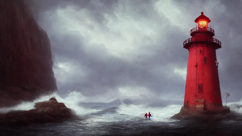 Image similar to red lighthouse in the cave, andreas achenbach, artgerm, mikko lagerstedt, zack snyder, tokujin yoshioka