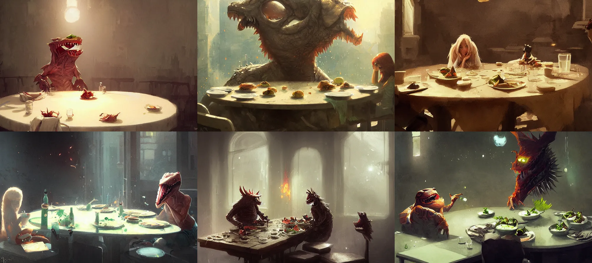 Prompt: palmon eating dinner at a table happiness is temporary by greg rutkowski