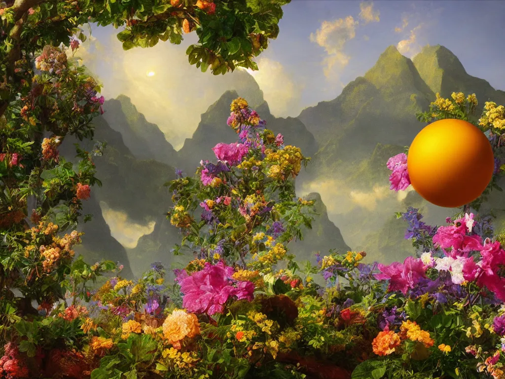 Prompt: kauai springtime, universe is a spheroid region 7 0 5 meters in diameter, sunlight study, art nouveau, by jan davidsz de heem and ( ( ( ( ( lisa frank ) ) ) ) ) and frederic edwin church, oil - painting, 3 d render, 8 k, extreme detail, sharp focus, octane render