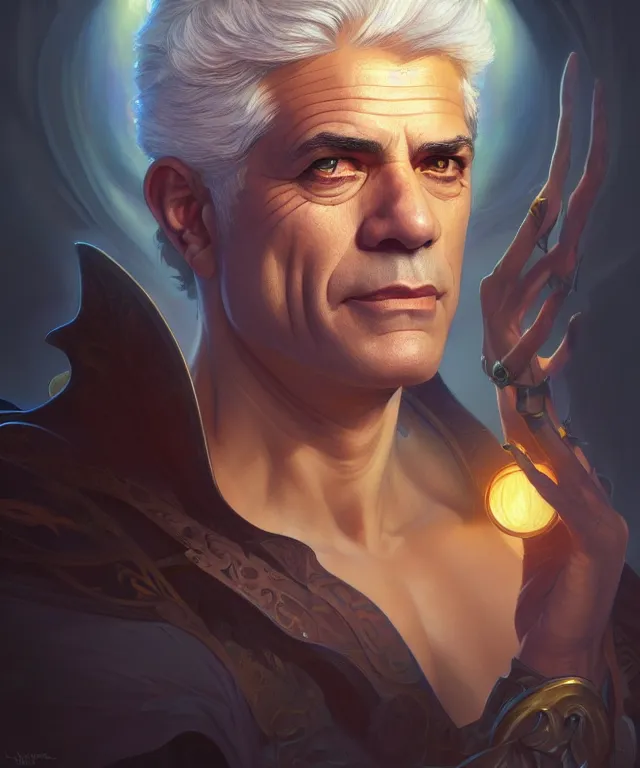 Prompt: Yair Lapid as a fantasy magic man portrait, sci-fi, amber eyes, face, fantasy, intricate, elegant, highly detailed, digital painting, artstation, concept art, smooth, sharp focus, illustration, art by artgerm and greg rutkowski and alphonse mucha