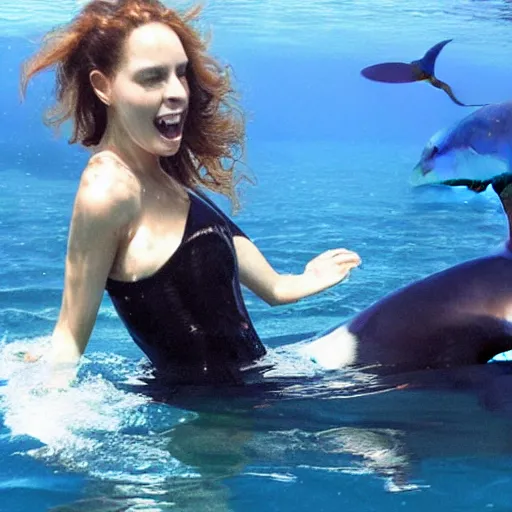 Image similar to gorgeous woman underwater with an orca whale trying to eat her
