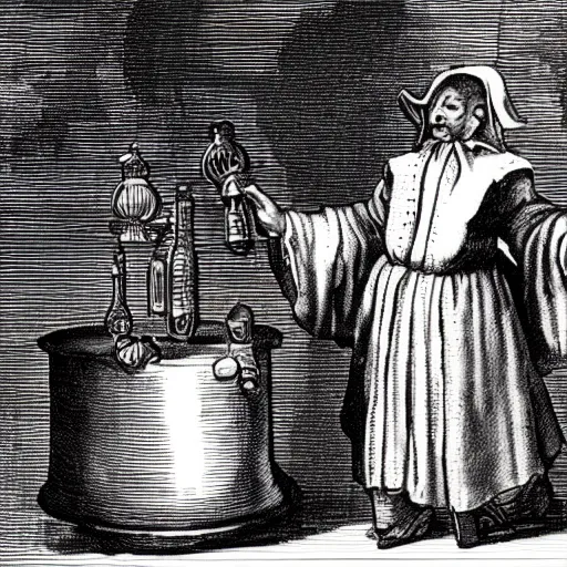 Image similar to a 17th-century alchemist who has 2 bubbling potion bottles :: black and white, head and torso drawing, very high quality, concept art