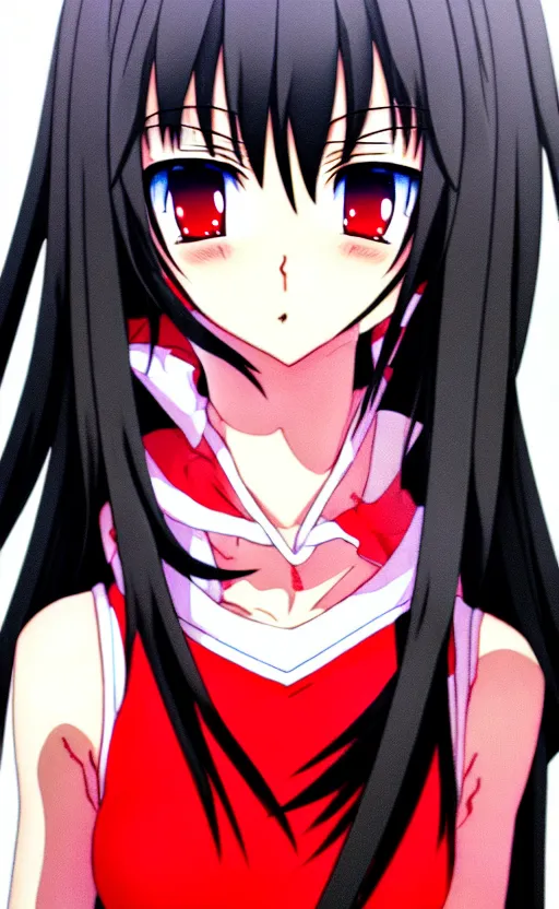 Image similar to anime girl with a detailed face and black hair in a red outfit, full body, bottom half of photo, trending, illustration