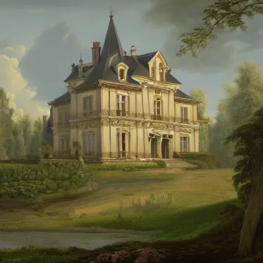 Image similar to a large serene beautiful matte painting of a delapitaded quaint french country castle in a state of disrepair, covered in vines, by asher brown durand and george ault featured on artstation