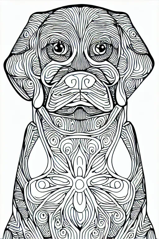 Prompt: puppy dog chart cat statue ornaments fractal ink drawing line art colouring page, vector, margins, fine lines, centered