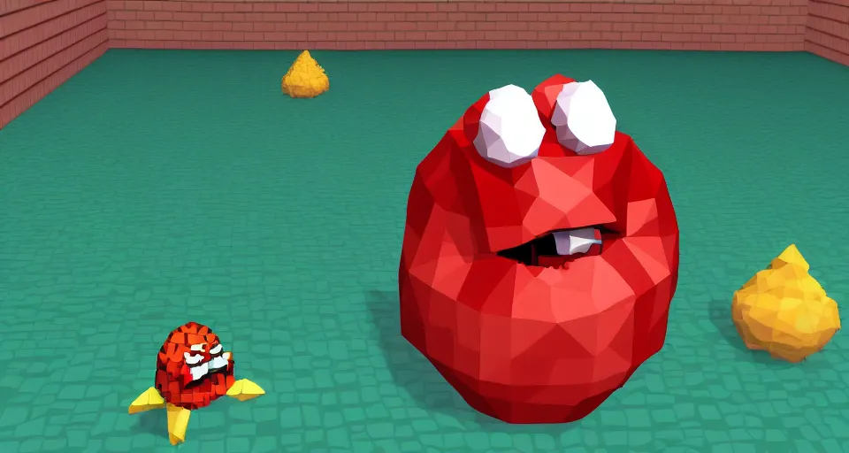 Prompt: Screenshot of a low-poly 3d version of Meatwad from Aqua Teen Hunger Force as a 3d NPC in the 3d videogame 'Super Mario 64' on the 'Nintendo-64' game console.