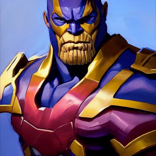 Image similar to greg manchess portrait painting of thanos as overwatch character, medium shot, asymmetrical, profile picture, organic painting, sunny day, matte painting, bold shapes, hard edges, street art, trending on artstation, by huang guangjian and gil elvgren and sachin teng