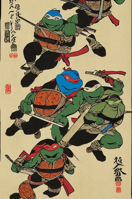 Prompt: Four Teenage Mutant Ninja Turtles, Japanese ukiyo-e ukiyo-ye woodblock print, by Moronobu