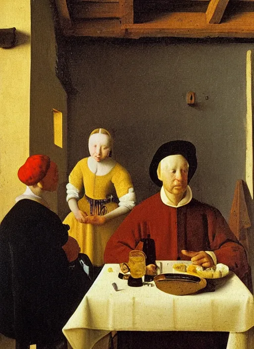 Image similar to evening, young man at the table with young pretty blonde girl at the crowded tavern in the evening. medieval painting by jan van eyck, johannes vermeer