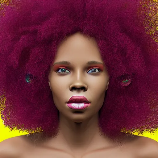 Image similar to photorealistic portrait of a black woman with an afro, trippy, 4 k, 8 0 mm