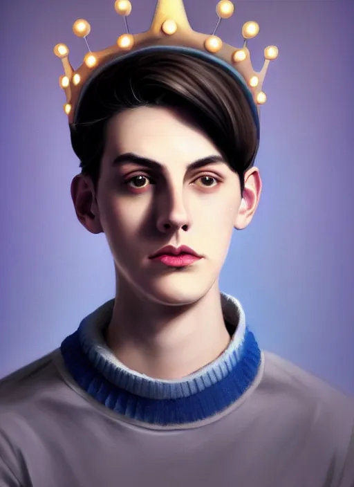 Image similar to portrait of teenage jughead jones wearing a light grey crown, crown, blue turtleneck, 1 9 5 0 s, closed eyes, photorealistic, black hair, glowing lighting, intricate, elegant, glowing lights, highly detailed, digital painting, artstation, concept art, smooth, sharp focus, illustration, art by wlop, mars ravelo and greg rutkowski