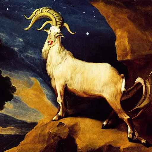 Prompt: the celestial wise goat, fantasy, h.p. Lovecraft, highly detailed, Francisco de Goya, HD, 8k,